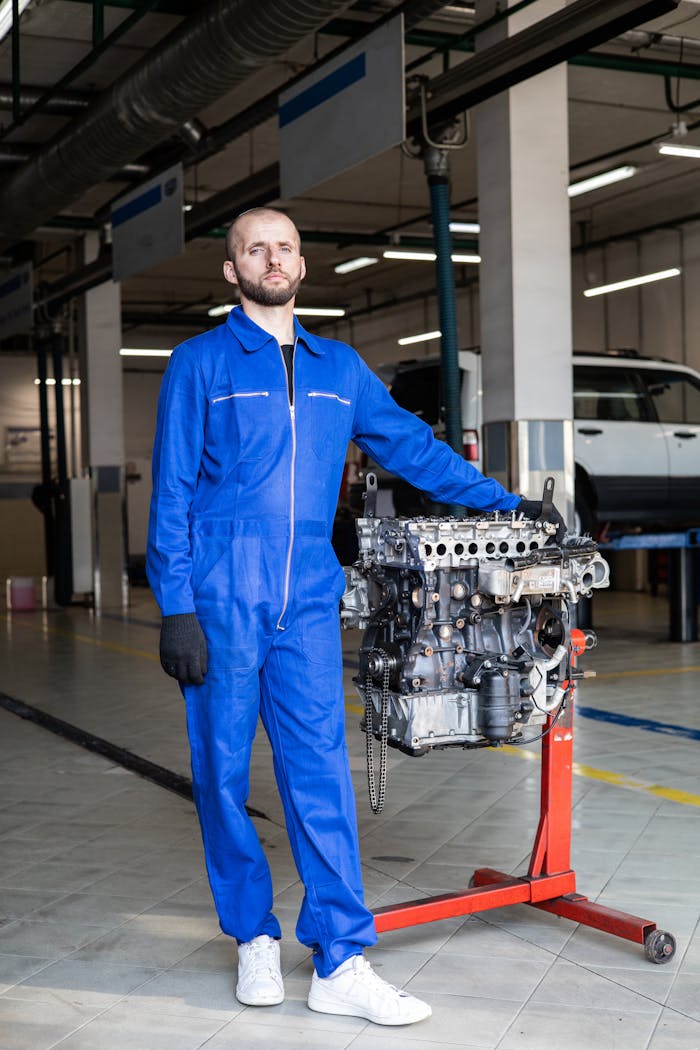 Mechanic in blue coveralls standing by car engine in a modern auto repair shop.
